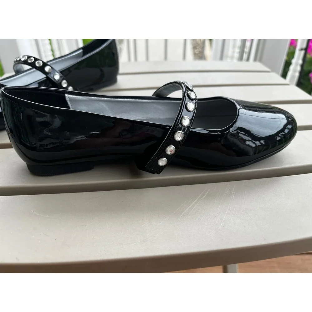 Cat & Jack Brooke Girls Black Patent Rhinestone Mary Jane Flats Size 2 NEW